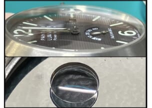 パネライ ルミノールパワーリザーブ 表ガラスの裏側｡裏面を削ってレンズを作っている｡