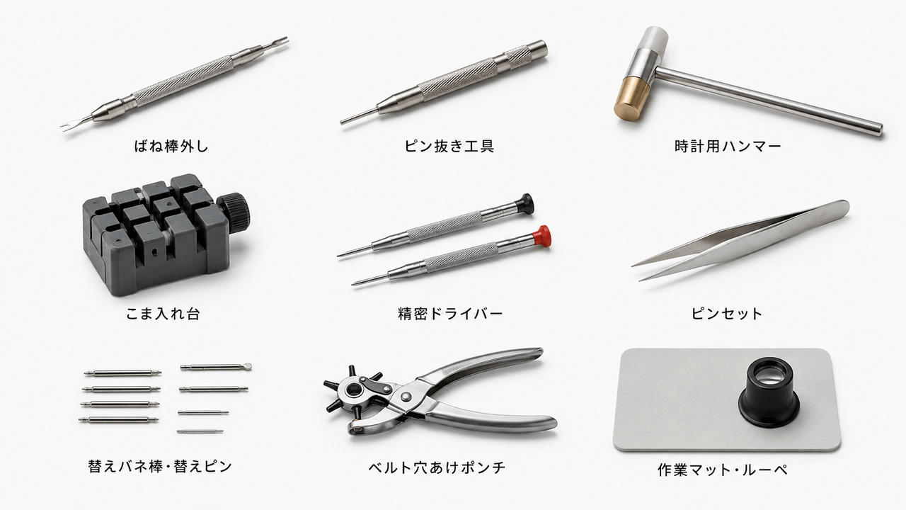 バンド調整に使う工具一式（ばね棒外し・ピン抜き工具・こま入れ台など）